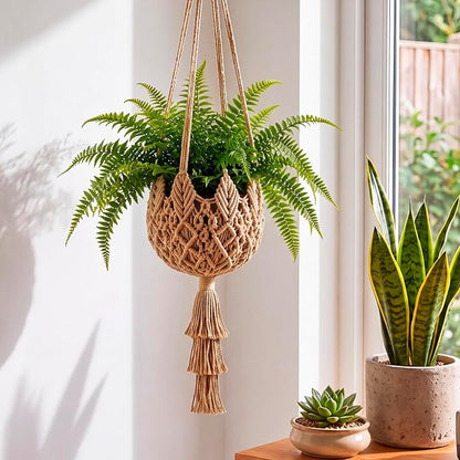 Shappy 1 Pack Boho Macrame Plant Hanger, Large Hanging Planter Plant Holder Pot Hanger Hanging Basket Wall Planters, Plants Lover Gift for Indoor Garden (Twist Braid,Jute Color)