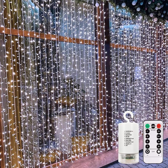 echosari 9.8Ft×9.8ft Curtain Lights Battery Operated with Remote Cool White | 300 LED Hanging Light Timer Fairy Curtain Lights for Bedroom Patio Wedding Backdrop Party Decór
