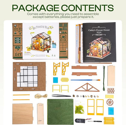 ROBOTIME DIY Miniature House Kit Mini Green House Tiny Dollhouse Wooden Furniture Kit with LED Halloween/Christmas/Birthday Gifts for Adults (Cathy's Greenhouse)