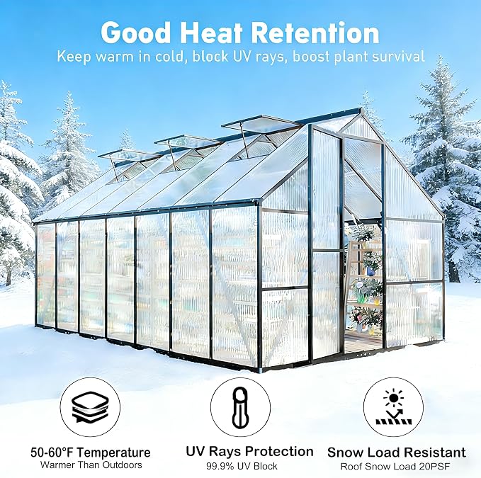 8x10 FT Greenhouse for Outdoors, Polycarbonate Greenhouse with Quick Setup Structure and Roof Vent, Aluminum Large Walk-in Green House for Outside Garden Backyard,Charcoal Black