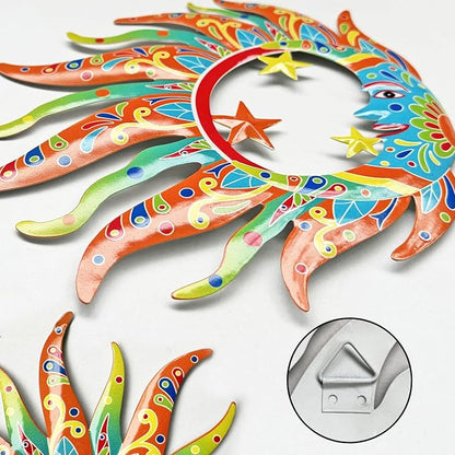 VividLadybug Sun Moon Sun Face Metal Wall Sculpture Set of 3, Indoor Outdoor Garden Fence Decor