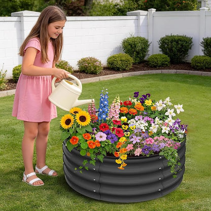 Garvee Round Raised Garden Bed, Galvanized Garden Beds, Metal Planter | 2Pcs, 2x2x1 FT, with Gloves and Rubber Edge Trim, for Vegetables, Flowers and Herbs, Dark Grey