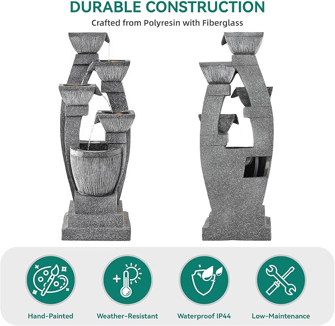 40.5" Outdoor Fountain LED 4-Bowl Cascading Waterfall, Gray | 4-pillar slate style, garden patio backyard porch