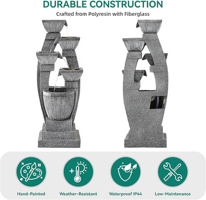 40.5" Outdoor Fountain LED 4-Bowl Cascading Waterfall, Gray | 4-pillar slate style, garden patio backyard porch