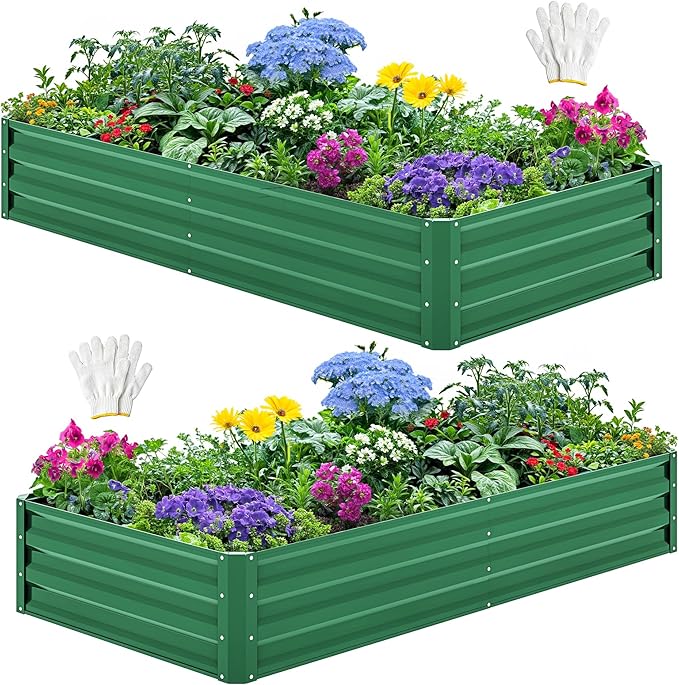 YITAHOME 2pcs 6x3x1ft Galvanized Raised Garden Bed, Metal Planter Box with Safety Rubber, Gloves, Outdoor Flower Bed for Planting Plants Vegetables, Green