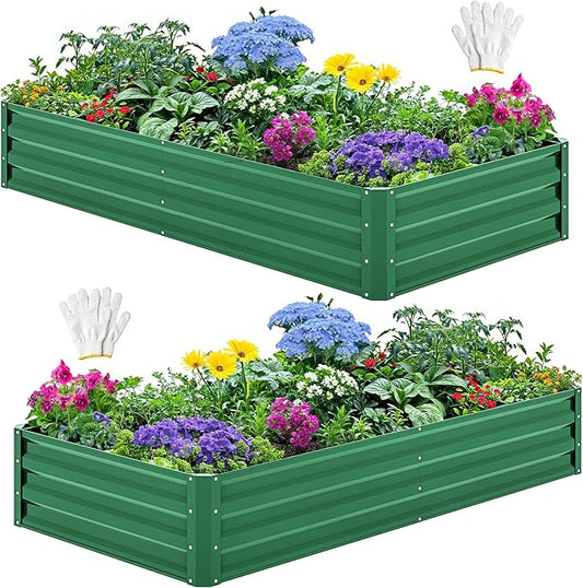 YITAHOME 2pcs 6x3x1ft Galvanized Raised Garden Bed, Metal Planter Box with Safety Rubber, Gloves, Outdoor Flower Bed for Planting Plants Vegetables, Green
