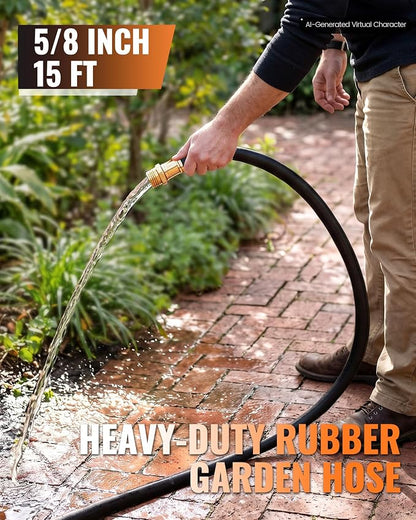 Heavy Duty Rubber Garden Hose 15FT x 5/8", Flexible Water Hose with 360° Swivel Brass Fittings, 300 PSI Working, 1000 PSI Burst, All Weather Outdoor Hose for Irrigation, Black B15GH06