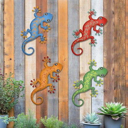4 Pcs Metal Gecko Outdoor Decorations - Metal Wall Art Hanging Sculpture Decoration for Garden Yard Fence Porch Exterior Wall Decor