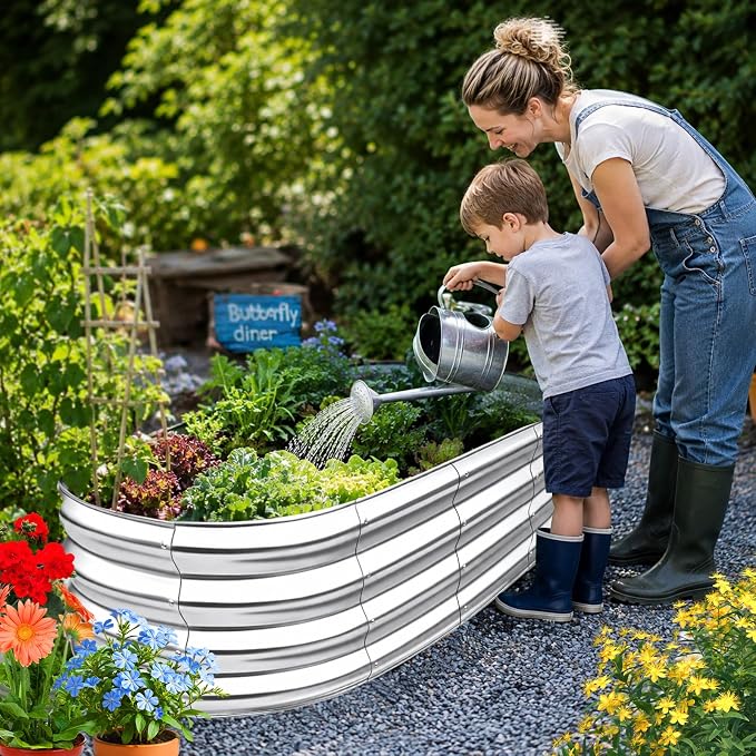 Garden Raised Garden Bed Kits, 4×2×1 FT Galvanized Raised Garden Bed for Vegetables Flowers Ground Planter Box-Modern, Metal Planter Box for Vegetables, Flowers, Herbs, Classic Silver