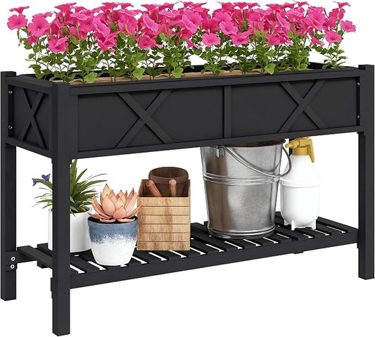 Outsunny Raised Garden Bed, Elevated Wood Planter Box with Storage Shelf, Drainage Holes and Liner for Backyard, Patio, Balcony, 47 x 22 x 31.5 in, Black