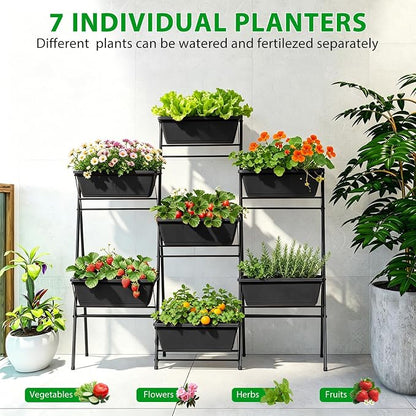 Raised Garden Bed Tiered Vertical Garden Planters Outdoor 7 Planter Boxes with Legs Indoor Elevated Herbs Flowers Vegetables Garden Box for Backyard Patio Balcony, Black