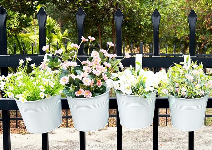 Pack of 4 Hanging Flower Pots, 6" White Metal Balcony Planters for Herb Succulent, Samll Railing Fence Hanging Bucket for Outdoor/Indoor Decoration (White, Pack of 4)