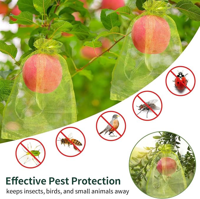 NIUBIER 50 Pcs Fruit Protection Bags, 8×12 in Green Fruit Nets for Fruit Tree, Drawstring Mesh Cover Bags to Protect Vegetables Tomato Strawberry Garden