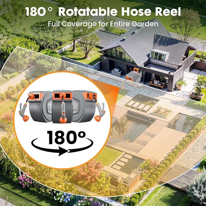 NEWBULIG Garden Hose Reel, 1/2" x 130 ft Retractable Heavy Duty Water Hose Reel with 9 Pattern Nozzle, Slow Retract System, 180° Swivel Wall Mount for Outside Yard Cleaning