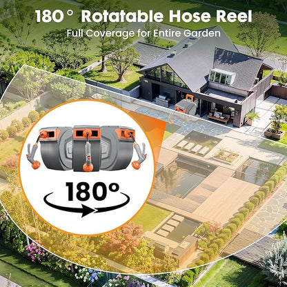 NEWBULIG Garden Hose Reel, 1/2" x 100 ft Retractable Heavy Duty Water Hose Reel with 9 Pattern Nozzle, Slow Retract System, 180° Swivel Wall Mount for Outside Yard Cleaning