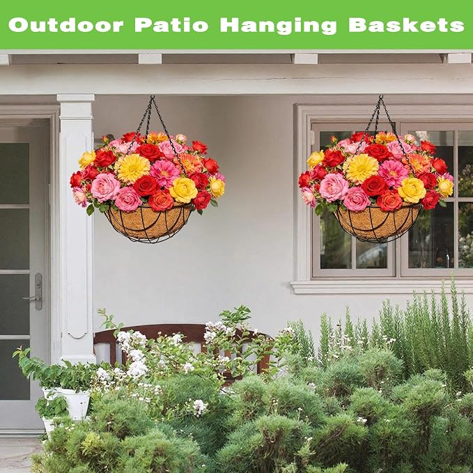 4 Pack 12 Inch Black Metal Hanging Basket Hanging Planter with Coco Coir Liner Heavy Duty Hanging Flower Pot Holder for Indoor Outdoor Patio Garden Porch Balcony Decor (Earth)