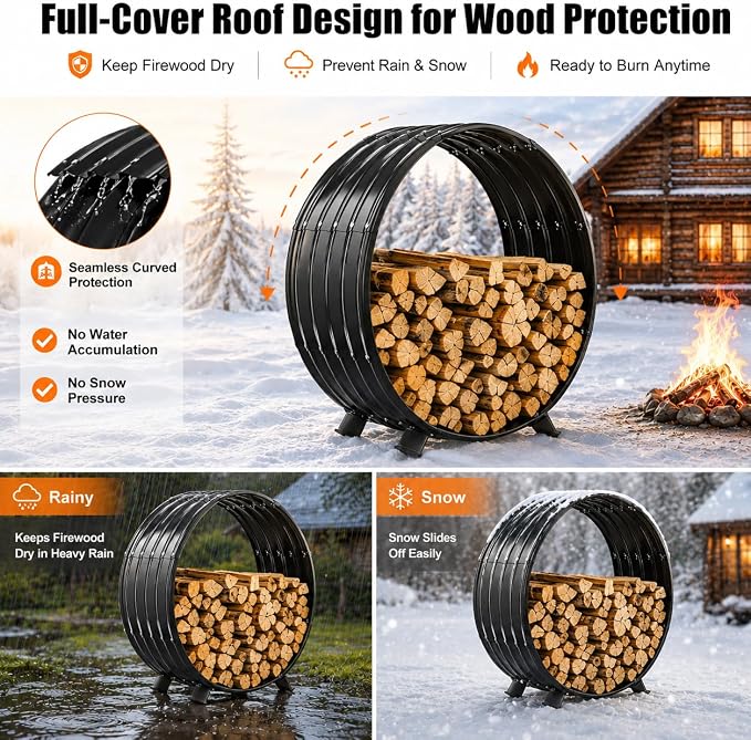 39" Firewood Rack with Roof Cover, Indoor & Outdoor Log Holder Keeps Firewood Dry, Clean & Organized for Fireplace, Patio & Backyard, Heavy-Duty Steel Wood Storage Rack, 600LBS Capacity