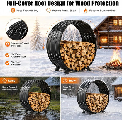 39" Firewood Rack with Roof Cover, Indoor & Outdoor Log Holder Keeps Firewood Dry, Clean & Organized for Fireplace, Patio & Backyard, Heavy-Duty Steel Wood Storage Rack, 600LBS Capacity