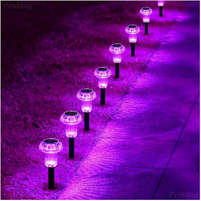 Priddop Solar Halloween Lights Outdoor Waterproof 8Pack Purple LED Mushroom | Yard Pathway Garden Decorative Patio Landscape Path Walkway Spike Pattern Acrylic Cap ABS Stake Outside Halloween Decor