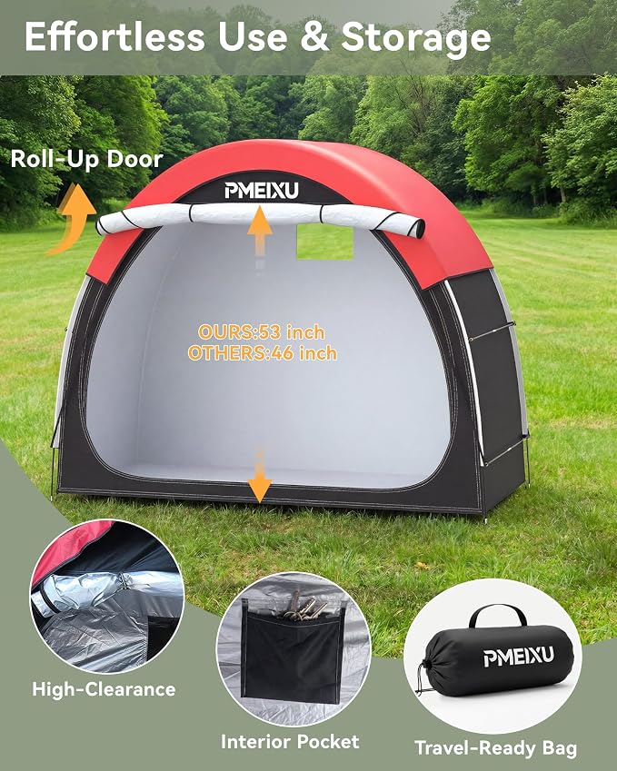 Upgraded Bike Storage Shed Tent, 210D Oxford Fabric PU4000 Waterproof Bicycle Shed, 53" High-Clearance Outdoor Shelter for 2-3 Bikes, Portable Storage for Motorcycles Garden Tools