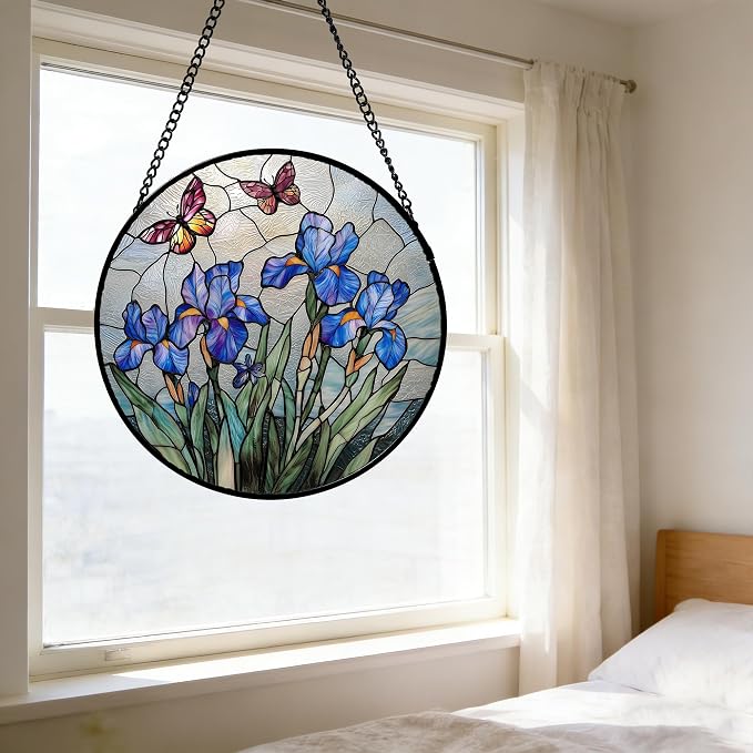 DASTOLL Stained Glass Window Hanging, Blue Iris Flowers Butterfly Suncatcher Diamond Colorful Glass Panel Sun Catchers Decor for Birthday for Women, Men, Wife, Aunt, and Mom 9.8 in