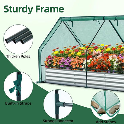 Ohuhu Raised Garden Bed with Cover Outdoor, 8x4x1 FT Galvanized Metal Planter Box with PE Greenhouse Cover, 4 Doors for Ventilation, 3-in-1 Gardening Set for Vegetable Flower Herb Succulent