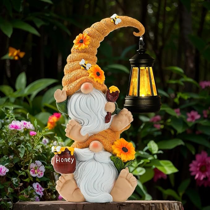 Solar Garden Gnome Statue with LED Lights, Waterproof Outdoor Decoration for Patio Lawn Yard, Perfect for Mom Women Grandma