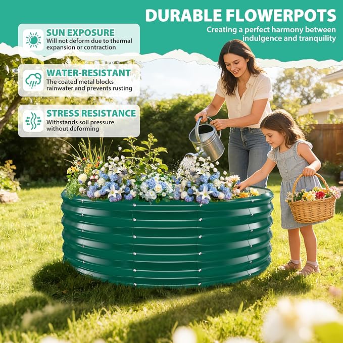 YSEJOMP 17" Tall 48" Diameter Round Raised Garden Bed Kits Outdoor Green | Heavy Duty,Rustproof,Durable & Stylish,1.5 FT Tall,4FT Planter Bed,0.8MM Thick Galvanized Metal Painted,with Gloves,Tool free