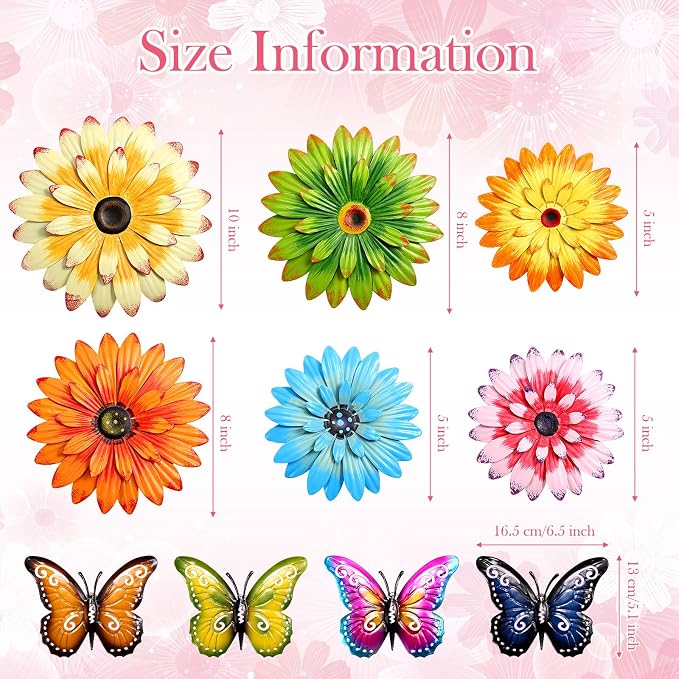 Gisafai 10 Pack Metal Flower Wall Decor Outdoor, 3D Daisy and Butterfly Metal Garden Wall Art, Colorful Fence Decorations for Patio Backyard Balcony Porch, Summer Housewarming Gift(Classic)