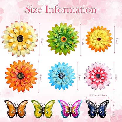 Gisafai 10 Pack Metal Flower Wall Decor Outdoor, 3D Daisy and Butterfly Metal Garden Wall Art, Colorful Fence Decorations for Patio Backyard Balcony Porch, Summer Housewarming Gift(Classic)