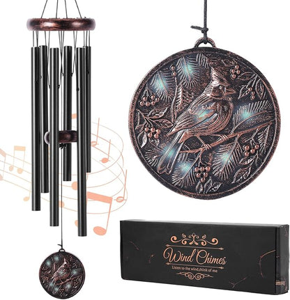 Cardinal Wind Chimes for Outside – Vintage Copper 3D Embossed Cardinal Wind Catcher, Deep Tone Wind Chime Outdoor Clearance, Outdoor Bird Hanging Décor, Gifts with Card and Box for Women Men