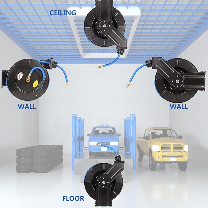 Eisen Air Hose Reel 3/8 in x 50 ft Premium Heavy-Duty Flexiable Hybrid Air Hose. Ceiling/Wall Mount, Retractable Air Compressor Hose Reel, 300 PSI Flexiable Hybrid Hose, black and blue