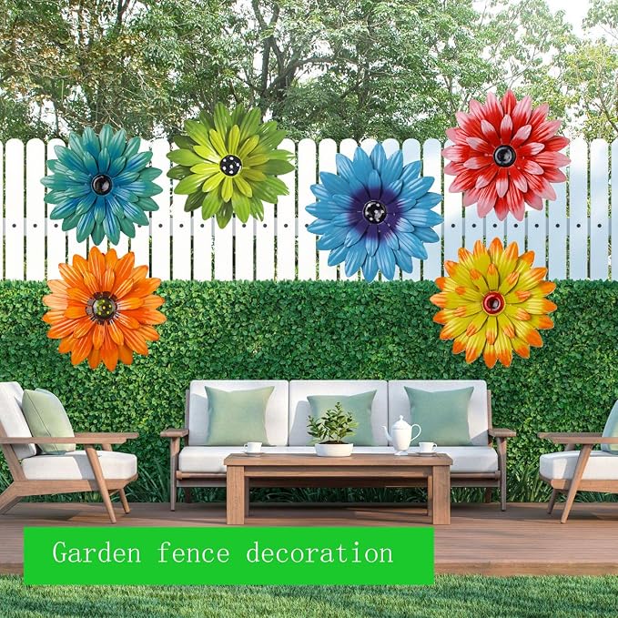 Outdoor Metal Wall Art Decor, 2 Pack 8 Inch Sunflower Wall Decorations, Hanging Outdoor wall Decor, Handmade Metal Flowers for Outdoor Outside Indoor Decor, Lake Blue+ Green