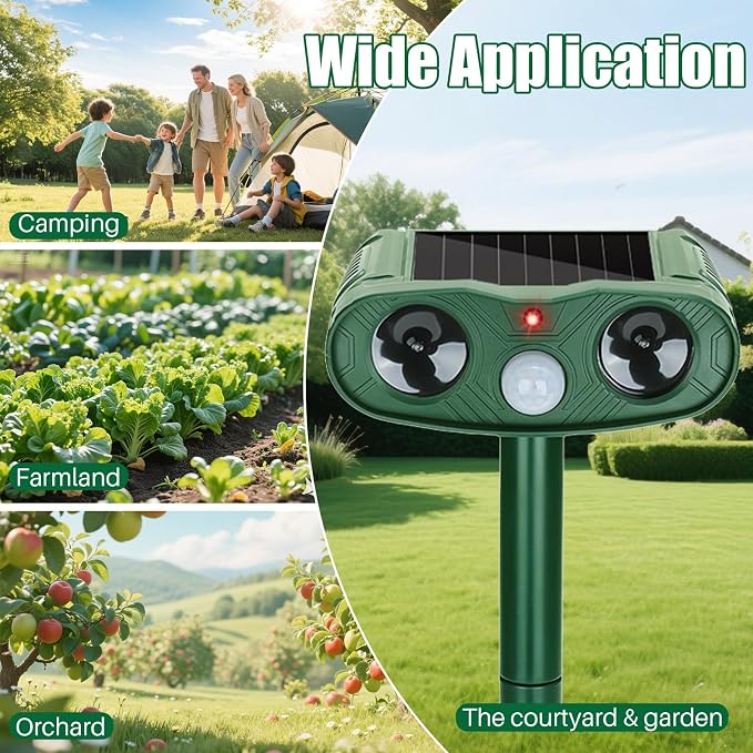 Solar Ultrasonic Animal Repeller Outdoor for Deer, Cats & Squirrels, 2 Pack | Sonic Fortress Pro Deer Repellent, IP65 Motion Activated Cat Deterrent to Scare Rabbit Raccoon for Garden Yard