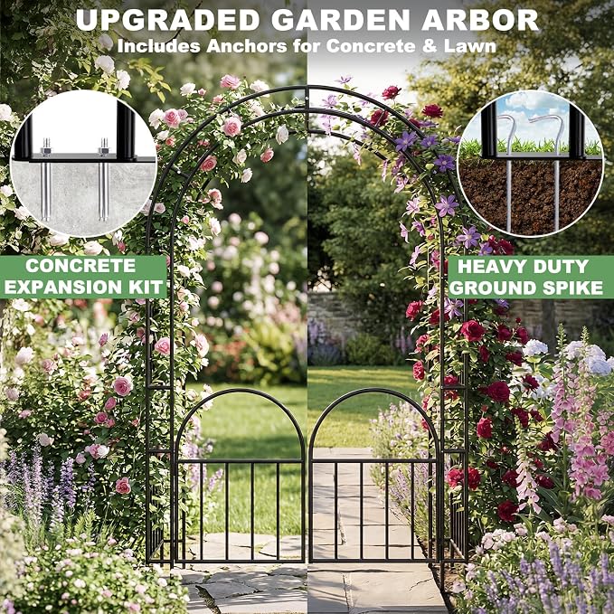 7ft Garden Arbor - Metal Garden Arch Trellis for Climbing Plants, Wide Sturdy Trellis Outdoor, Garden Arbor with Gate, Ideal for Weddings, Halloween, Christmas & Outdoor Decorations