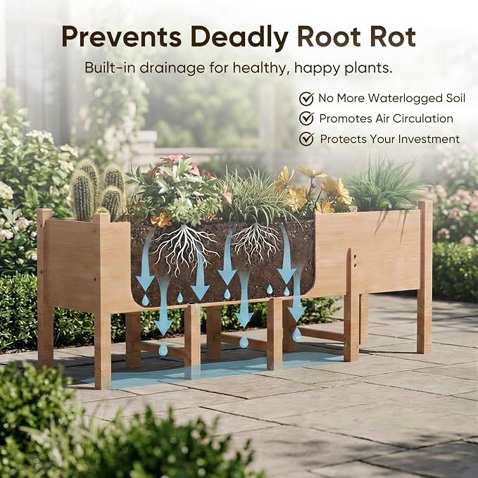 Raised Garden Bed, 86x21.6x31.5 Inch Large Planter Box with 15.8 Inch Depth, Wooden Flower & Vegetable Pot with Legs & Drainage Holes for Deep Roots, Easy Assembly for Patio, Balcony, Backyard