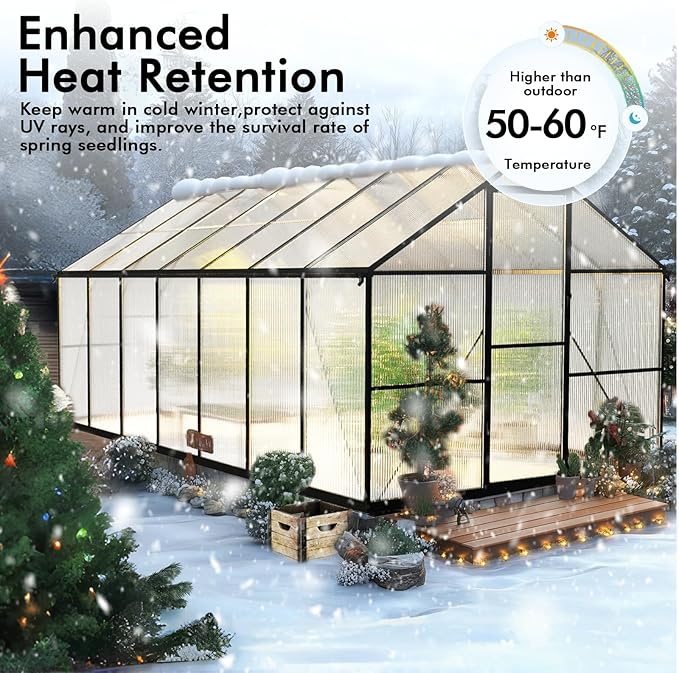8X14FT Enhanced Aluminum Walk-in Greenhouse for Outdoors with Thermometer | Easy Assembly, UV-Resistant Panel, Rain Gutter, Lockable Sliding Door, Built-in Reinforcement, For Vegetable, Flower and Herb