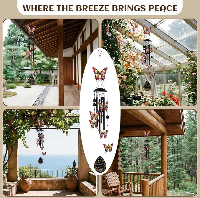 Hicarer Butterfly Wind Chimes for Outside, 35" Durable Black Metal Memorial Wind Chime Outdoor Decor, Windchimes for Garden Yard Patio, Memorial Birthday Gifts for Mom Grandma Women Men(Butterfly)