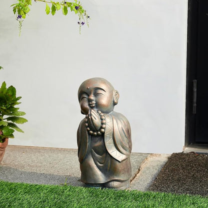Glitzhome MGO Faux Bronze Little Buddha Monk Garden Staue Indoor and Outdoor Sculpture Decoration, 16.5" H