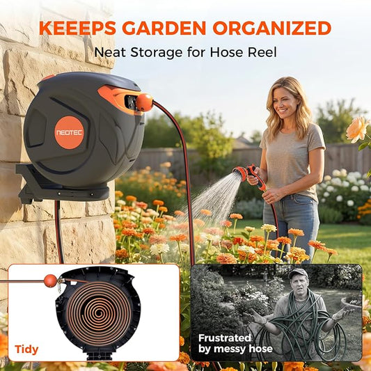 Retractable Garden Water Hose 82ft 1/2 inch, Wall Mounted Hose Reel with Automatic Rewind System, Any-Length Lock & Spray Nozzle for Efficient Yard Work