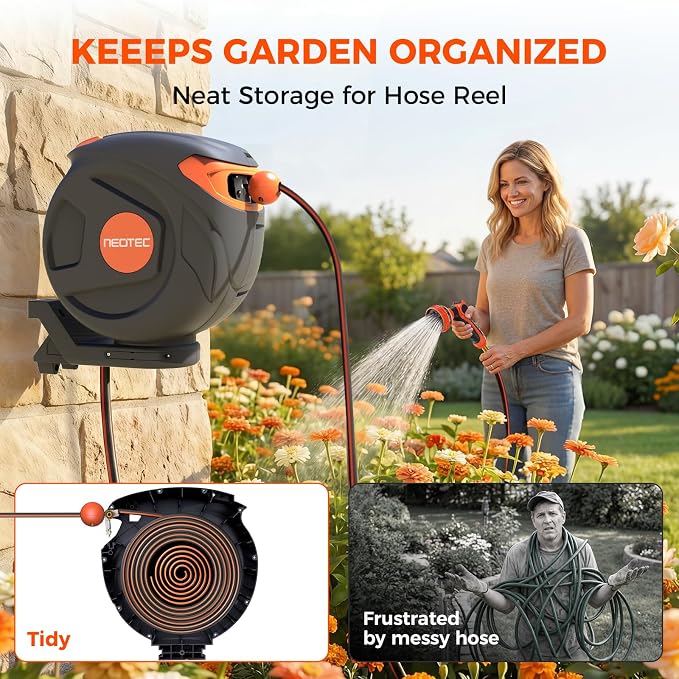 82ft Automatic Rewind Garden Hose Reel 1/2", Wall Mounted Retractable Water Hose with Any-Length Lock, Kink-Free Hybrid Hose for Backyard & Plant Care