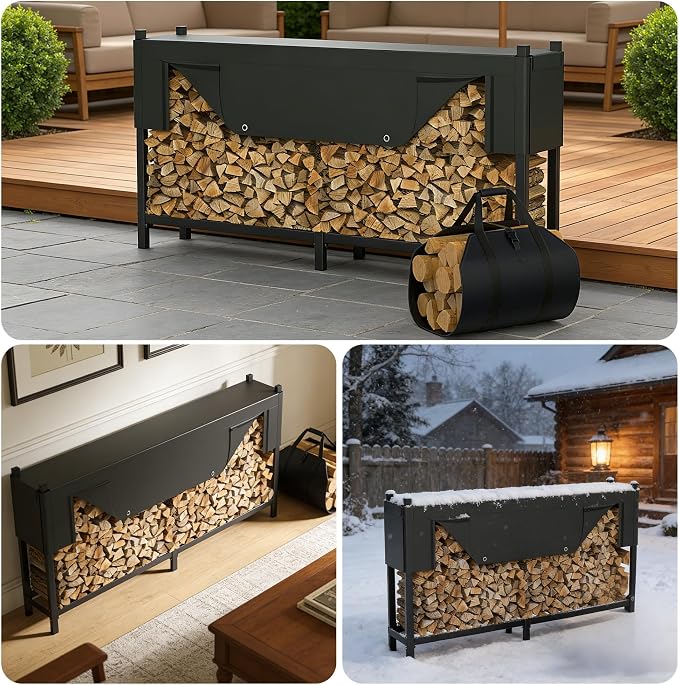WALMANN Heavy-Duty 8 ft Firewood Rack with Waterproof Cover & Firewood Carry Bag, Outdoor Indoor Wood Log Holder for Fireplace, Patio & Porch, Sturdy Steel Fire Wood Storage Stand