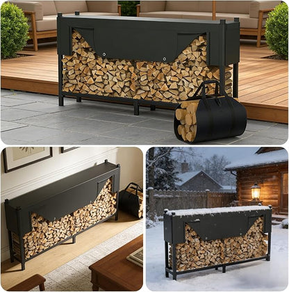 WALMANN Heavy-Duty 8 ft Firewood Rack with Waterproof Cover & Firewood Carry Bag, Outdoor Indoor Wood Log Holder for Fireplace, Patio & Porch, Sturdy Steel Fire Wood Storage Stand