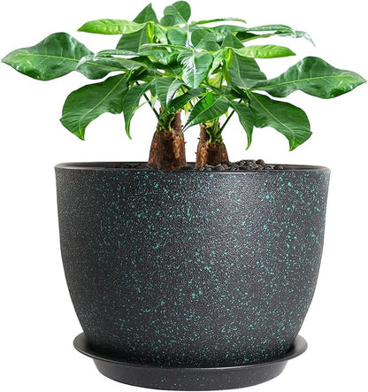 UOUZ 12inch Large Plant Pot, Modern Plastic Planter with High Driange Holes and Saucer for Indoor Outdoor Garden Plants and Flowers, Black with Green Speckles