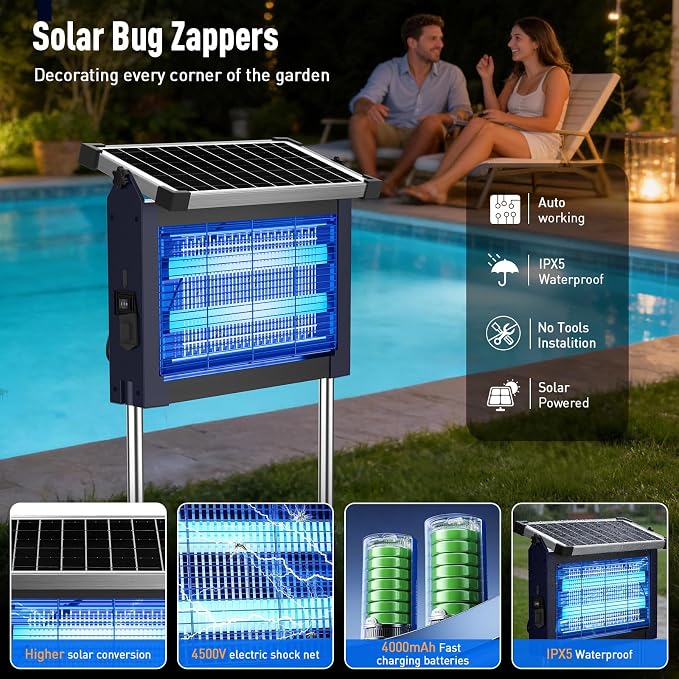 Solar Bug Zapper Outdoor Waterproof, USB-C Rechargeable Mosquito Zapper, 4500V Electric Insect Killer, Solar Mosquito Trap Fly Zapper for Patio Garden Backyard Camping Garage(Deep Blue)