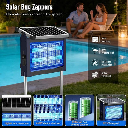 Solar Bug Zapper Outdoor Waterproof, USB-C Rechargeable Mosquito Zapper, 4500V Electric Insect Killer, Solar Mosquito Trap Fly Zapper for Patio Garden Backyard Camping Garage(Deep Blue)