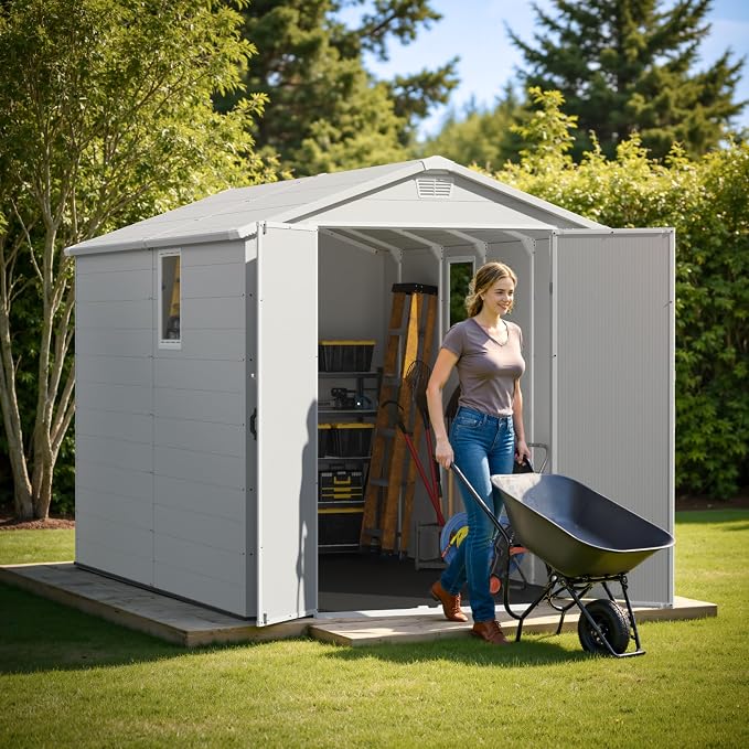 Greesum 6x10FT Plastic Outdoor Storage Shed with Floor, Resin Storaged Sheds with Lockable Double Door, Windows & Vents, All-Weather Tool Sheds for Patio, Garden, Backyard, Light Gray