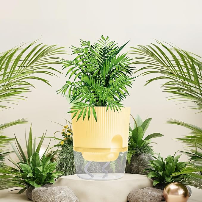 3 Pack Self Watering Planter Pots for Indoor Plants - 5.5 Inch African Violet Pots with Wick Rope - Yellow
