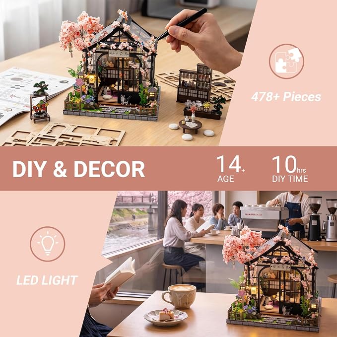 DIY Miniature House Kit, Fairy Dollhouse for Adults to Build, Mini Home Building Kit with Wooden Furniture & LED Lights,Garden Detials, Gift for Family and Friends (Spring Sakura Greenhouse)