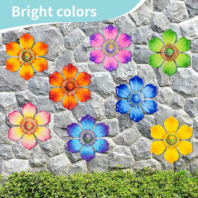 8Pcs Metal Flower Decor, 6.2" Outddoor Metal Wall Art Hanging Decoration for Garden Fence Yard Living Room Patio Backyard, Metal Flowers for Outside